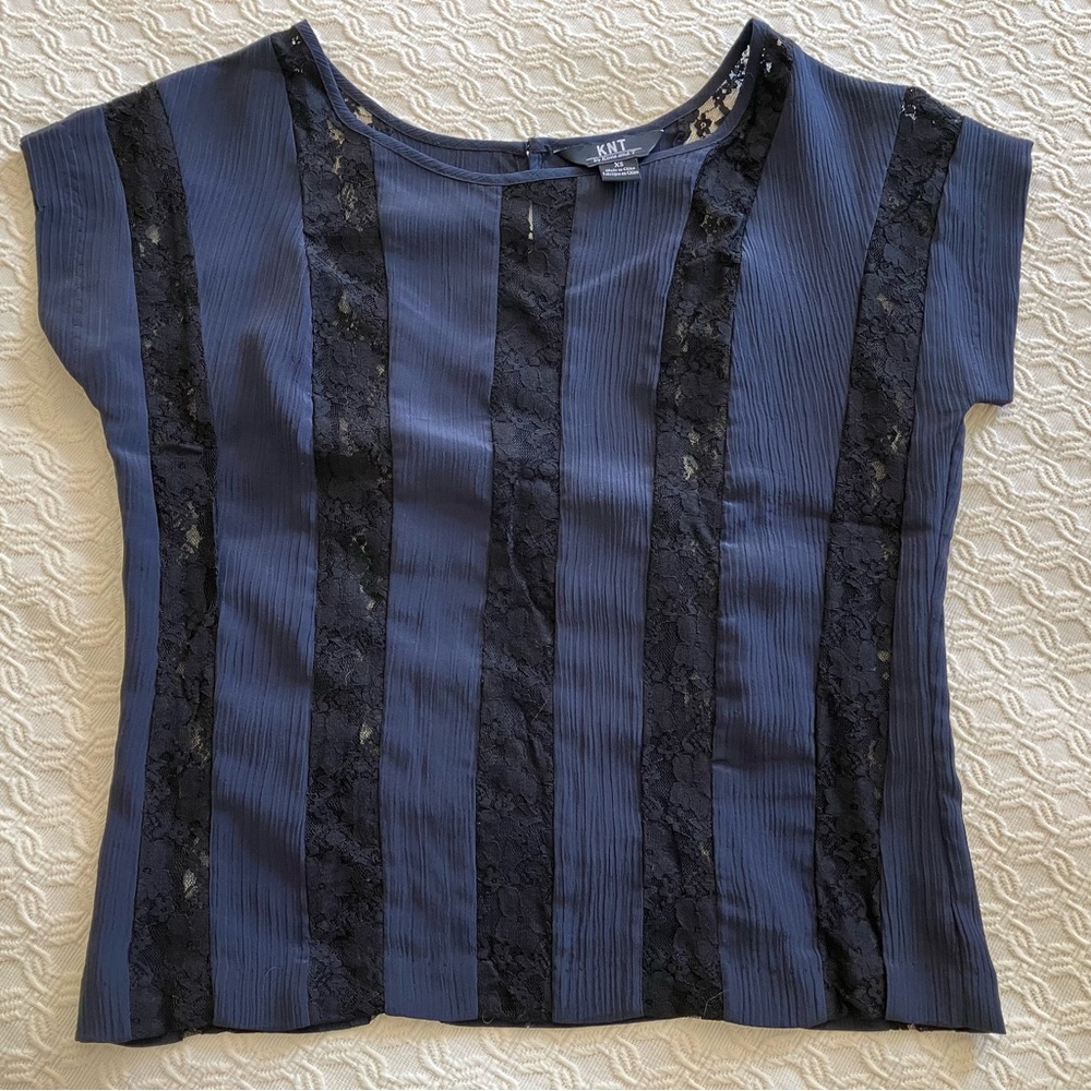 Kova & T Sheer Black Lace Vertical Striped Blue Textured Short Sleeve Top XS